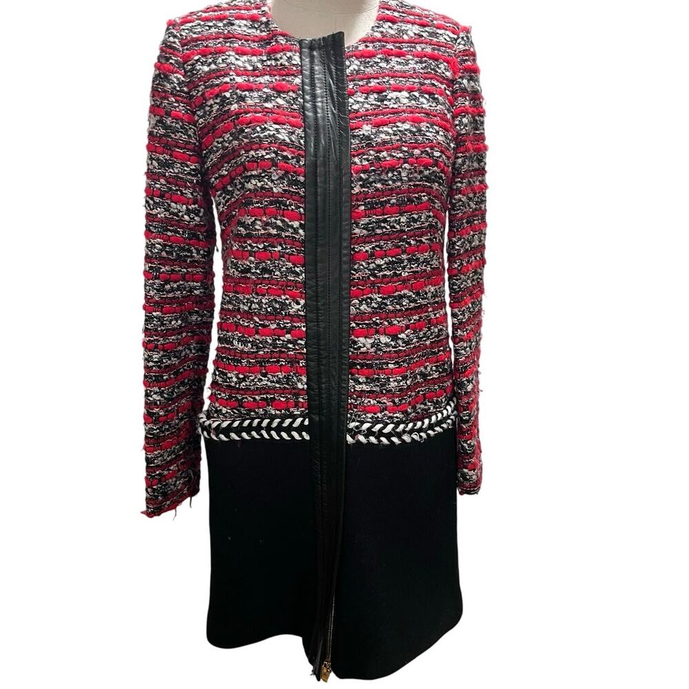 Milly Red Black White Tweed Pattern Black Leather Jacket Pea Coat Sz 2/Xs USA‎